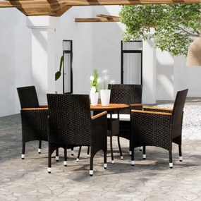 5 részes fekete polyrattan és tömör fa kerti bisztrószett