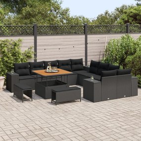 13 részes Kert Kanapé Szett Párnákkal Fekete Poli Rattan Akácia, 3 részes Kert Étkező Szett Párnákkal Fekete Poli Rattan Akácia