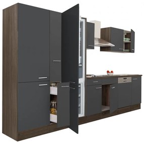 Yorki 370 konyhabútor yorki tölgy korpusz,selyemfényű antracit fronttal polcos szekrénnyel és alulfagyasztós hűtős szekrénnyel