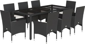vidaXL 9 részes fekete polyrattan/üveg kerti étkezőgarnitúra párnákkal