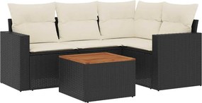 vidaXL 5 részes fekete polyrattan kerti kanapészett párnákkal