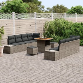11 darabos kerti kanapé szett párnákkal, szürke, poli rattan, akác, 2 személyes kerti kanapé tárolóval és párnákkal, szürke poli rattan, 3 darabos kerti étkező szett párnákkal, szürke poli rattan, akác