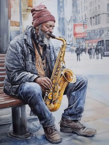 Vászonkép Canvas Férfi Zene Szaxofon Utca Város Nyc 60x80