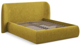 Mustársárga kárpitozott ágyneműtartós franciaágy ágyráccsal 160x200 cm Hauke – Makamii