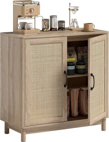 HOMCOM Boho tálalószekrény rattan ajtókkal, állítható polccal és lekerekített élekkel — tölgyfa hatás, 76 x 35 x 75,5 cm | Aosom