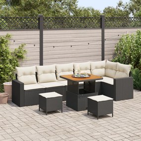 9 részes kert kanapé szett párnás, fekete, poli rattan akác, 3 részes kert étkező szett párnás, fekete, poli rattan akác