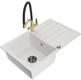 Mexen Bruno egykamrás gránit mosogató csepegtetővel és Duo konyhai csapteleppel, fehér - 6513-20-671701-57-B