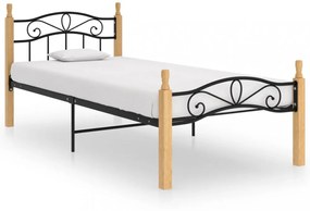 fekete fém és tömör tölgyfa ágykeret 90 x 200 cm