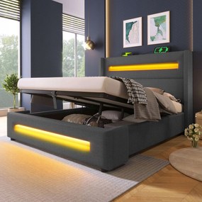 Kárpitozott ágy Led kétszemélyes ágy 180x200 Usbc Hidraulikus lenvászon szürke