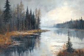 Vászonkép Canvas Tájkép Erdő Fák Tó Tükröződés 60x40