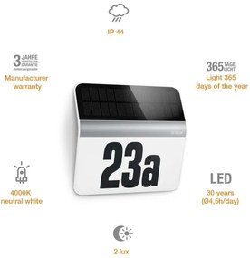 STEINEL 007140 - XSolar LH-N LED napelemes házszám, 0,03W, rozsdamentes, IP44