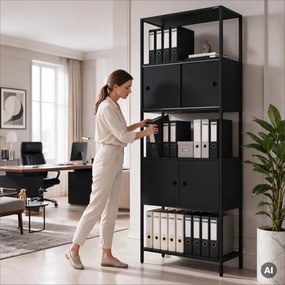 Iratrendező polc zárható szekrénnyel, irodai, nyitott polcok, fém fekete, 800x2200x400 mm: ARIEL