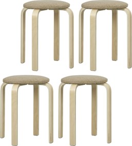 HOMCOM 4 db összerakható kerek fa bárszék alacsony konyhai székek párnázott ülőfelülettel étkezőbe, hálószobába, irodába, nappaliba - Khaki és termész