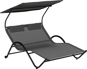 Outsunny Dupla Fekvőfotel Kerekekkel, Párnázott Fejtámlával és Napernyővel, 200x137x138 cm, Sötétszürke | Aosom