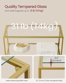 Könyvespolc, 6 szintes üvegpolc fém kerettel, arany színű