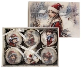 Vintage Gömb karácsonyfadísz díszdobozban - 6 darabos 6 cm - lány Mikulásruhában