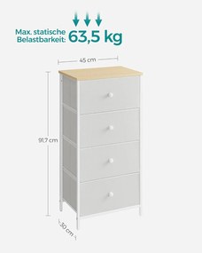 Fiókos szekrény hálószobába 4 szövetfiókkal, komód, 30 x 45 x 91,7 cm, fehér tölgy