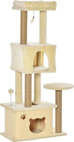 PawHut Nagy Macskakaparó Fa 60x34x136 cm Macska Fa Platformokkal, Plüss Barlangokkal, Levehető Jutaoszlopokkal és Felfüggesztett Labdával Beige | Aoso