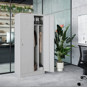 Pléh öltözőszekrény talpazaton, kétmodulos, polccal és köztes fallal KACPER, 800 x 1800 x 500 mm, szürke