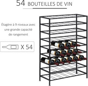 HOMCOM Bor állvány palackszekrény - 54 palack kapacitás - 63L x 25W x 91H cm fekete fém | Aosom