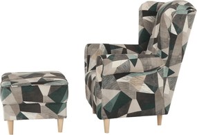 Füles fotel puffal, szövet barna-zöld minta, ASTRID