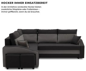 Grande sarokkanapé polcokkal és puffokkal , polc a jobb karfaban puffok a bal karfaban, baloldali, szövet anyag, hab töltet, fekete - szürke