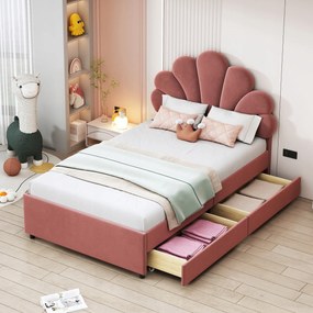 Kárpitozott ágy Gyerekágy 90x200cm 2 fiókos bársony rózsaszín