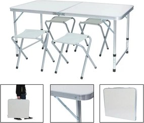 Kempingasztal szett, 1 összecsukható, állítható magasságú asztallal és 4 székkel, fehér, fémvázas, hordozható kivitel, 30 kg teherbírás