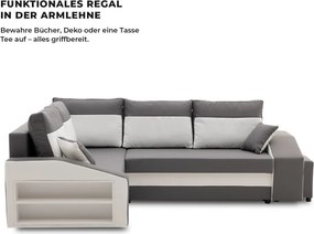 Grande sarokkanapé polcokkal és puffokkal , polc a bal karfaban puffok a jobb karfaban, baloldali, szövet anyag, hab töltet, szürke - fehér