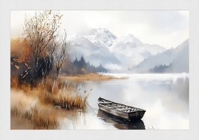 Poszter Keret Fa Tájkép Szabadtéri Hegyek Tó Csónak Köd Ősz 60x40