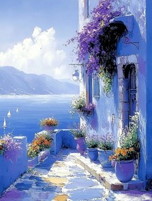 Vászonkép Canvas Tájkép Kilátás Görögország Tenger Ház Terasz Virágok 75x100