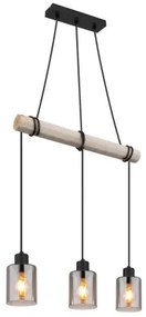 Globo 15465-3H Függeszték fém fekete matt, természetes színű fa, füstszínű üveg, körbetekerhető kábel, HxSzxM: 500x100x1400mm, 3x E27 40W 230V izzók nélkül