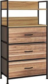 HOMCOM Ipari Stílusú Tárolószekrény 3 Levehető Szövet Fiókkal és 2 Polccal - 60 x 29 x 101 cm - Fa és Fekete Fém Kinézet | Aosom