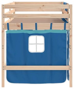 kék tömör fenyőfa gyerek galériaágy függönnyel 90 x 190 cm