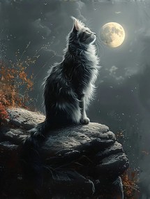 Vászonkép Canvas Éjszaka Sötét Ég Hold Szürke Macska 75x100