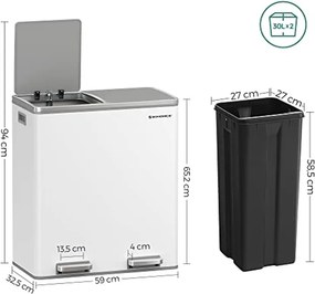SONGMICS dupla szemetes, fém szelektív hulladékgyűjtő 15 szemeteszsákkal, 2 × 30 L, fehér–szürke