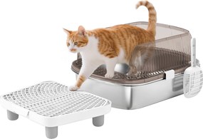 PawHut Extra Nagy Fedett Macska WC Zárt Rozsdamentes Acél Tálcával Magas Peremmel Lapáttal Lépcsővel Homoklehulló Területtel Szagtalan Könnyű Tisztítá