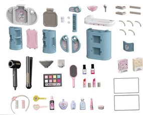 Játék fodrászállomás, elektromos hajszárítóval és hajvasalóval, tükörrel, sminkkiegészítőkkel, több tárolópolccal