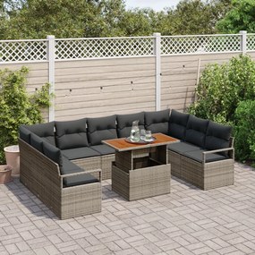 10 Darabos Kert Kanapé Szett Párnákkal Szürke Poli Rattan Akácfával, 2-Fős Kert Kanapé Párnákkal Szürke Poli Rattan