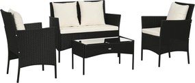 Outsunny Szintetikus Rattan Kerti Bútor Készlet - 4 Részes Kültéri Készlet 2 Székkel, 1 Kettős Kanapéval és 1 Üvegtetős Kávézóasztallal, Fekete és Kré