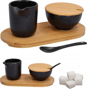Cukortartó és tejtartó kerámia szett fekete bambusz talppal