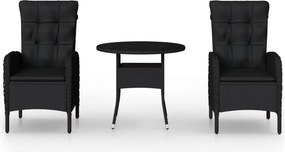 vidaXL 3 részes fekete polyrattan kerti bisztrószett
