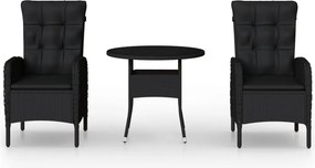 vidaXL 3 részes fekete polyrattan kerti bisztrószett