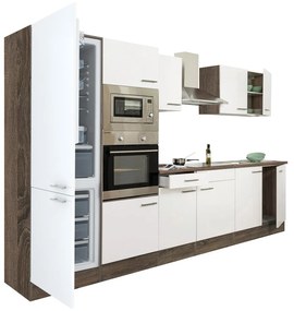 Yorki 330 konyhablokk yorki tölgy korpusz,selyemfényű fehér fronttal alulfagyasztós hűtős szekrénnyel