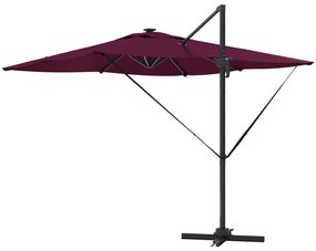Cantilever Roma napernyő LED világítással, Bordeaux vörös, 286 x 285 x 270 cm alumínium.