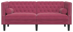 2 személyes bordó bársony Chesterfield kanapé hengerpárnákkal