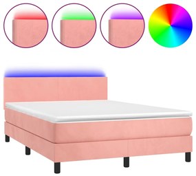 rózsaszín bársony rugós és LED-es ágy matraccal 140x190 cm