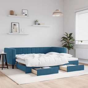 kék kihúzható bársony heverő fiókkal 90 x 200 cm