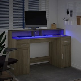 sonoma tölgy színű szerelt fa íróasztal LED-ekkel 140x55x91 cm