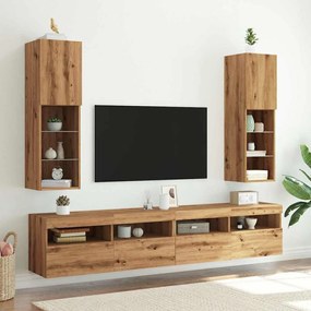 2 db kézműves tölgy TV-szekrény LED-lámpákkal 30,5x30x102 cm